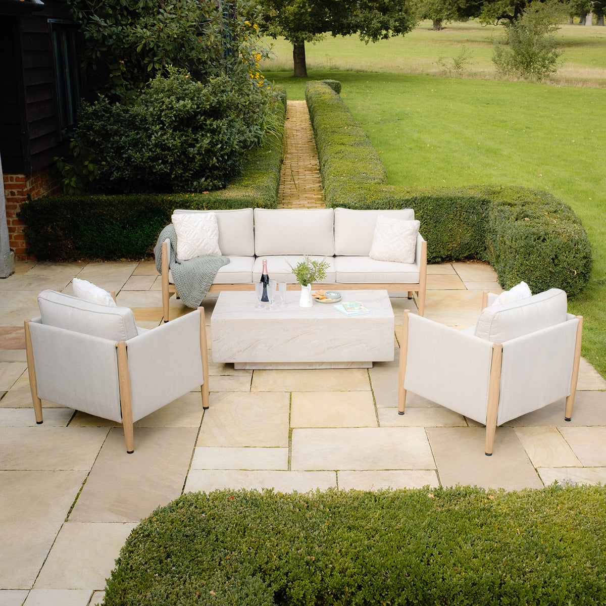 Burford 3 Seater Sofa Set with Rectangular Sintered Stone Table - Almond