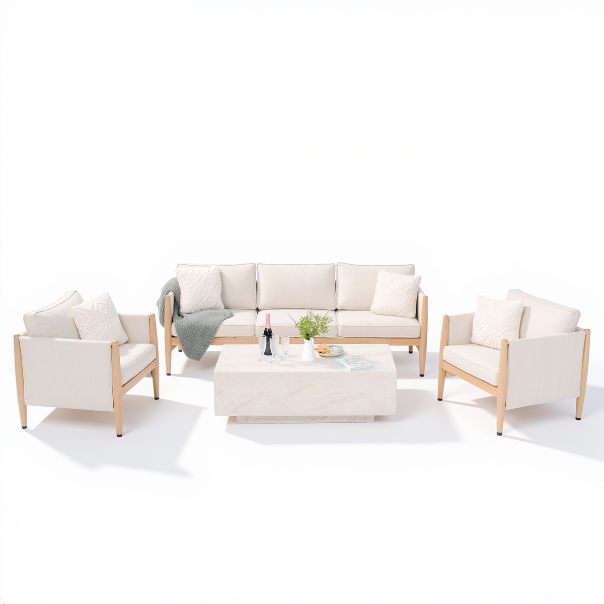 Burford 3 Seater Sofa Set with Rectangular Sintered Stone Table - Almond