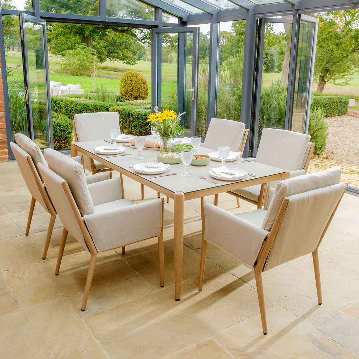 Burford 6 Seater Rectangular Dining Set with Seasonsure Cushions - Almond