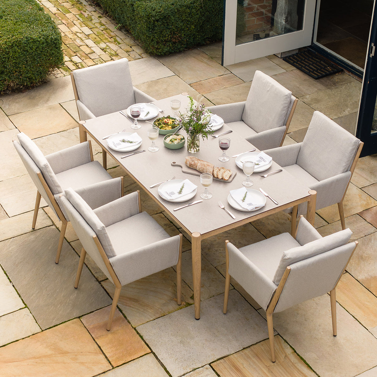 Burford 6 Seater Rectangular Dining Set with Seasonsure Cushions - Almond