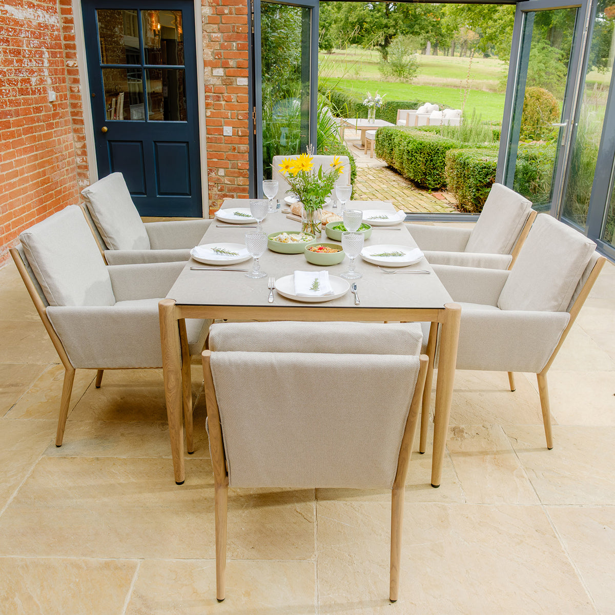 Burford 6 Seater Rectangular Dining Set with Seasonsure Cushions - Almond