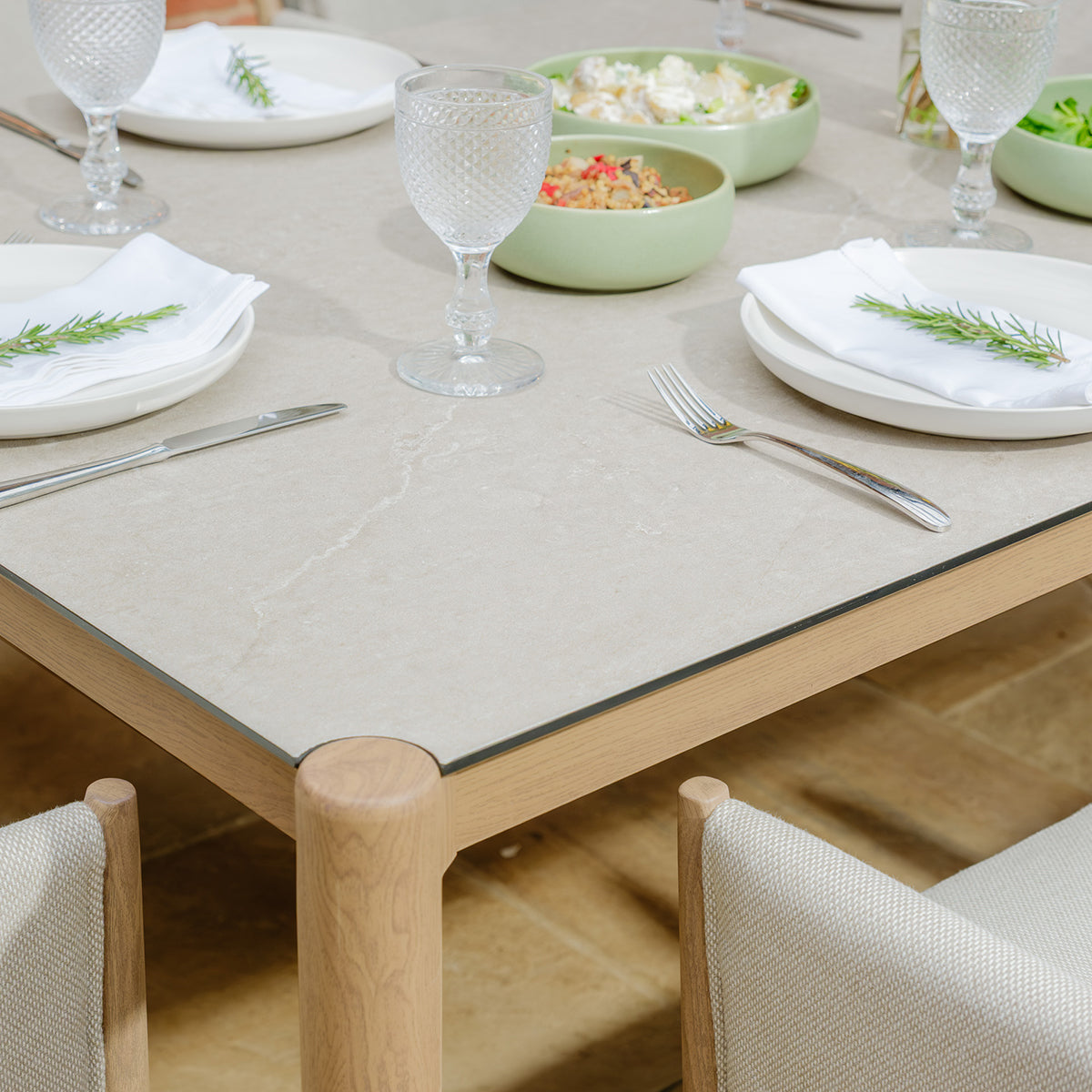 Burford 6 Seater Rectangular Dining Set with Seasonsure Cushions - Almond