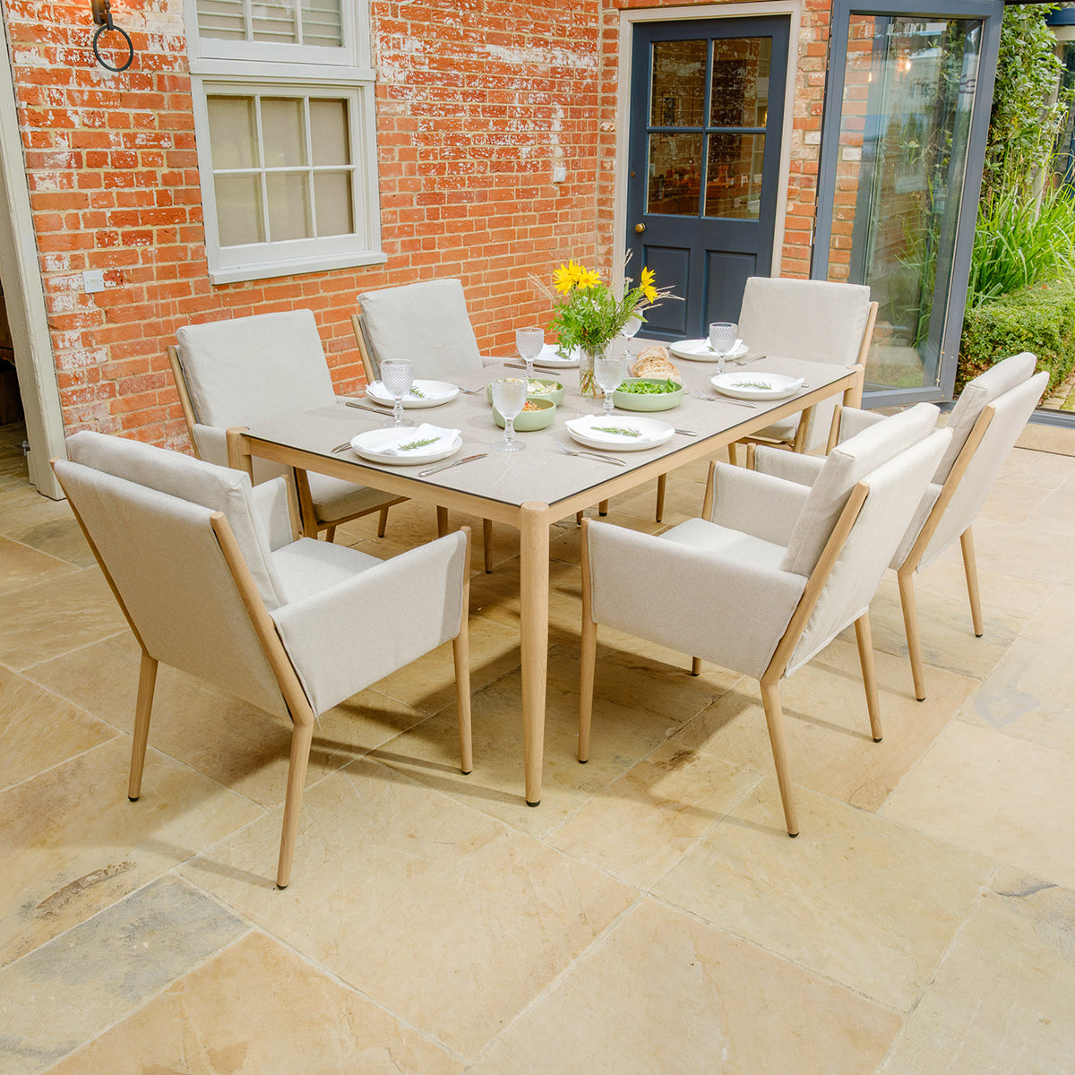 Burford 6 Seater Rectangular Dining Set with Seasonsure Cushions - Almond