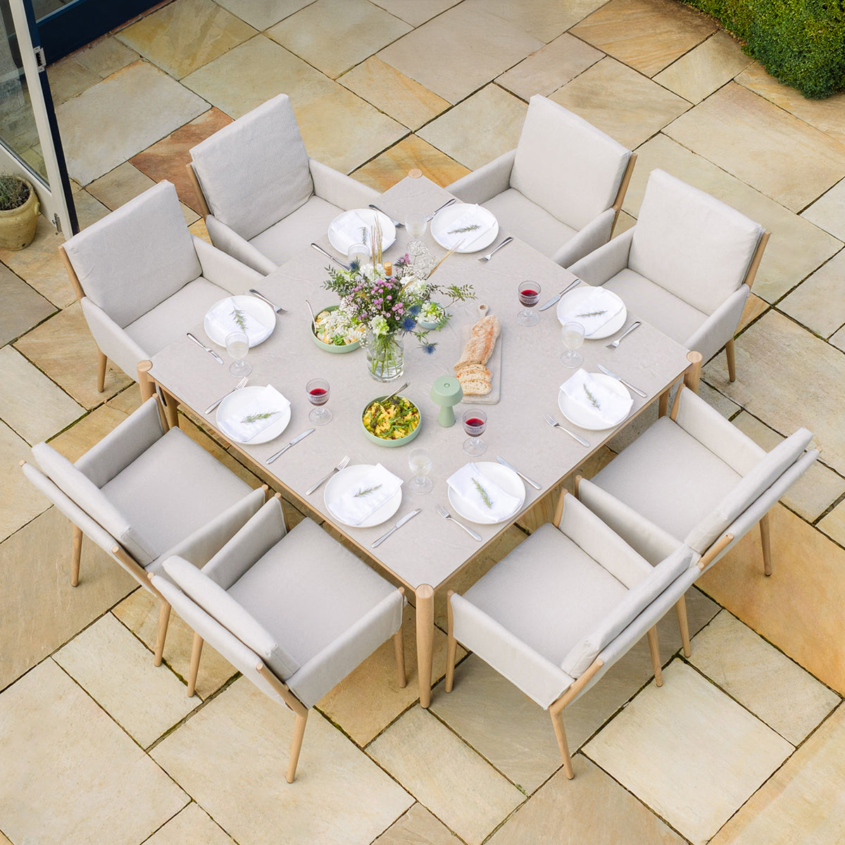 Burford 8 Seater Square Dining Set with Seasonsure Cushions - Almond