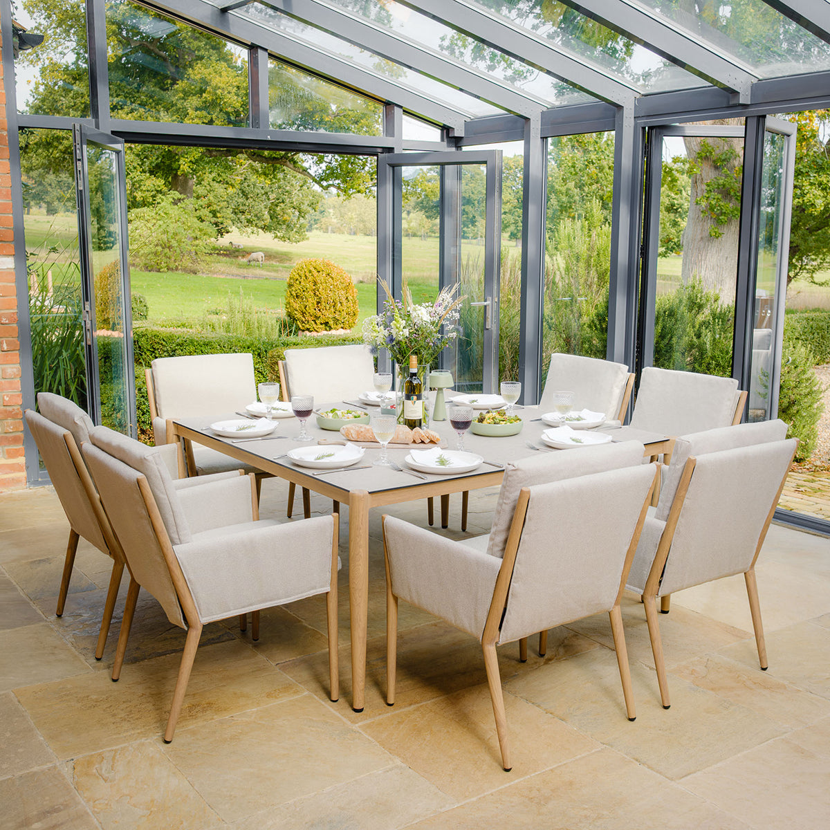 Burford 8 Seater Square Dining Set with Seasonsure Cushions - Almond