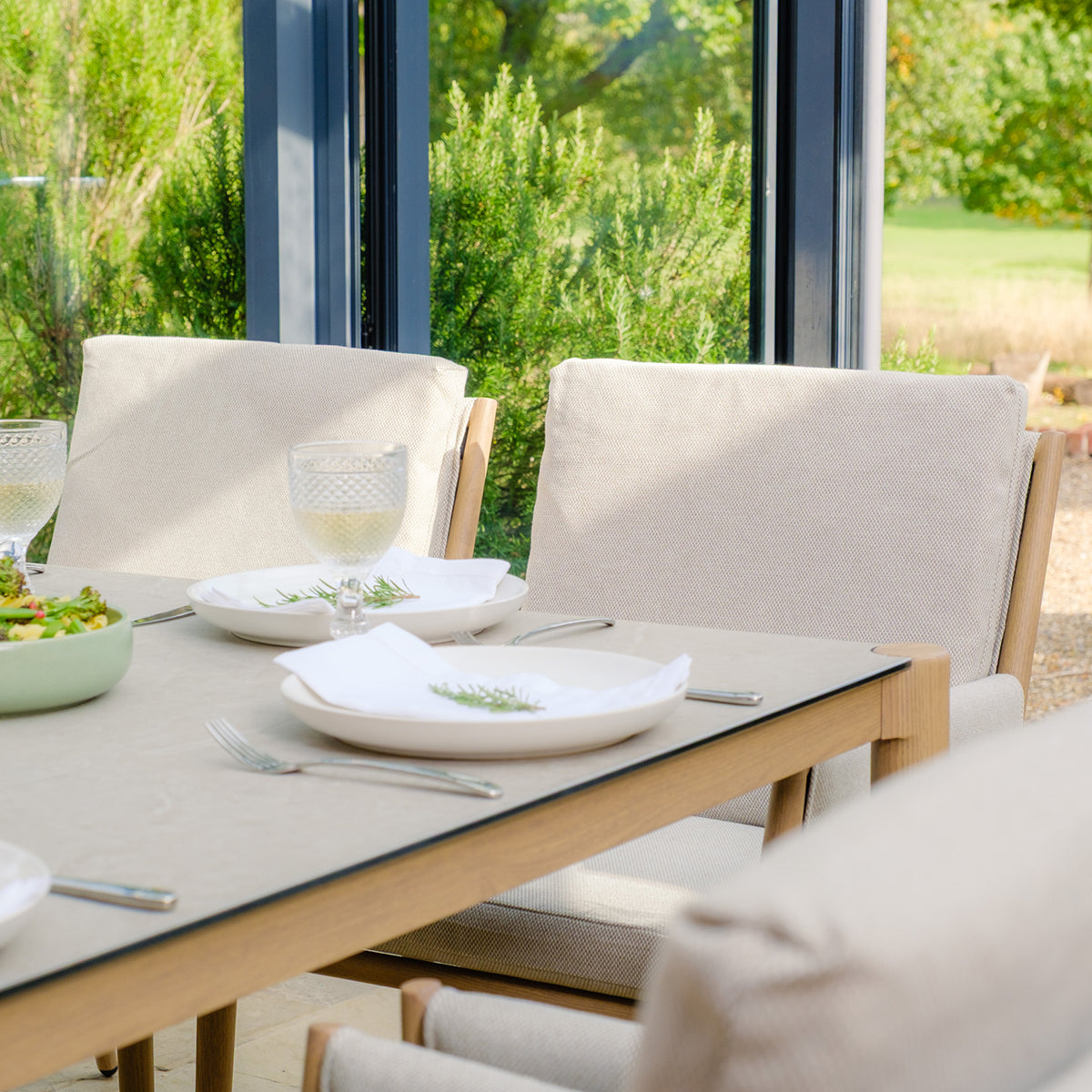 Burford 8 Seater Square Dining Set with Seasonsure Cushions - Almond
