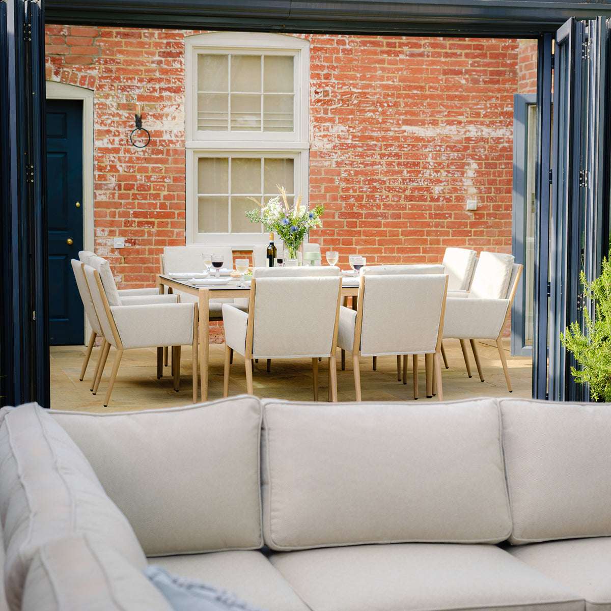 Burford 8 Seater Square Dining Set with Seasonsure Cushions - Almond