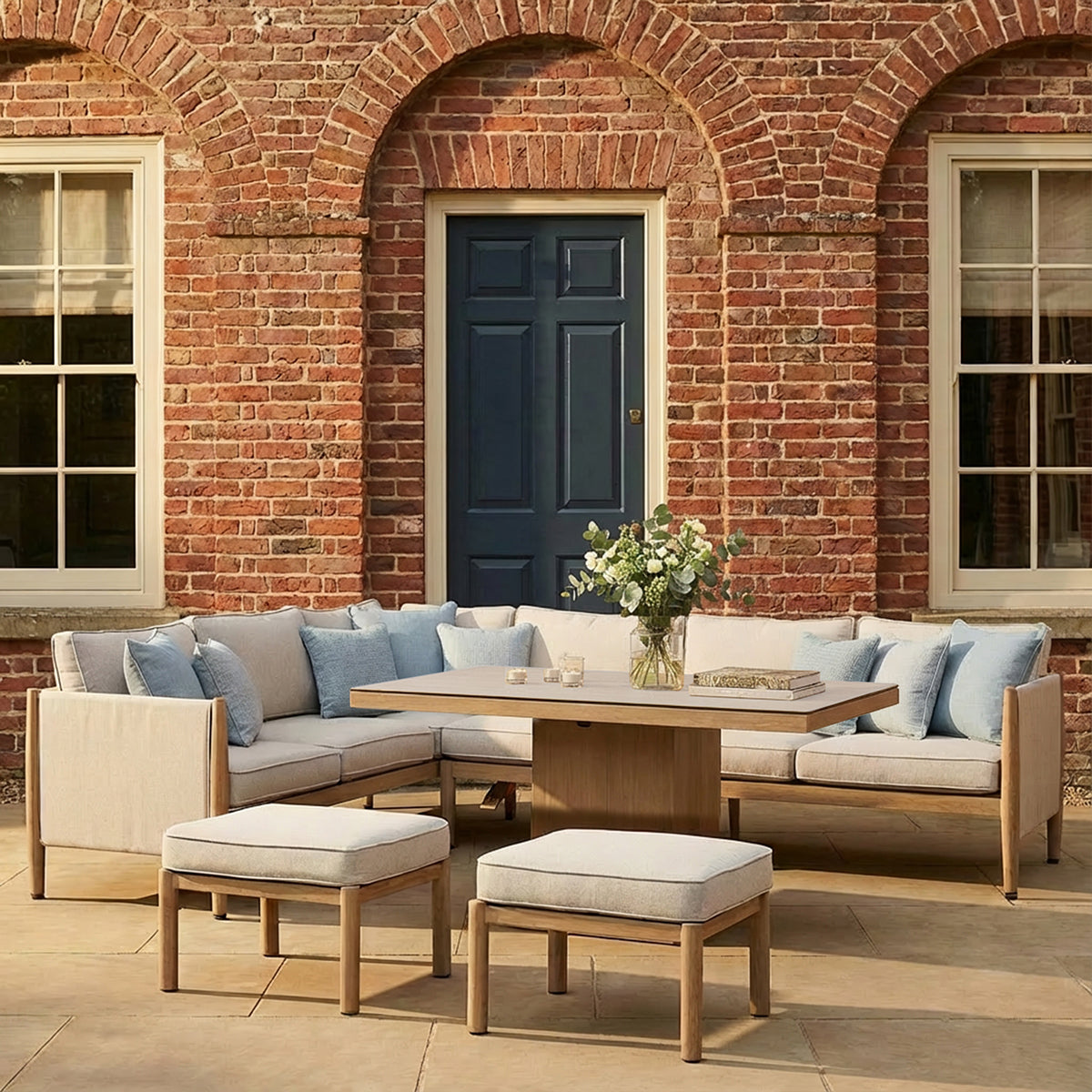 Burford Large Corner Sofa Set with Rising Table & Seasonsure Cushions - Almond