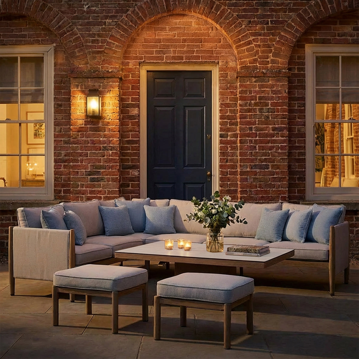 Burford Large Corner Sofa Set with Rising Table & Seasonsure Cushions - Almond