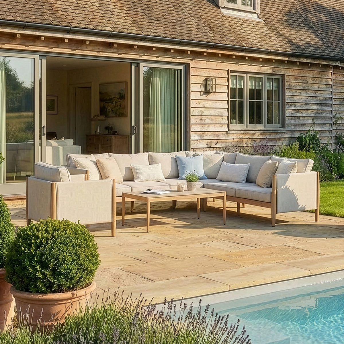 Burford Large Corner Sofa Set with Armchair & Seasonsure Cushions - Almond