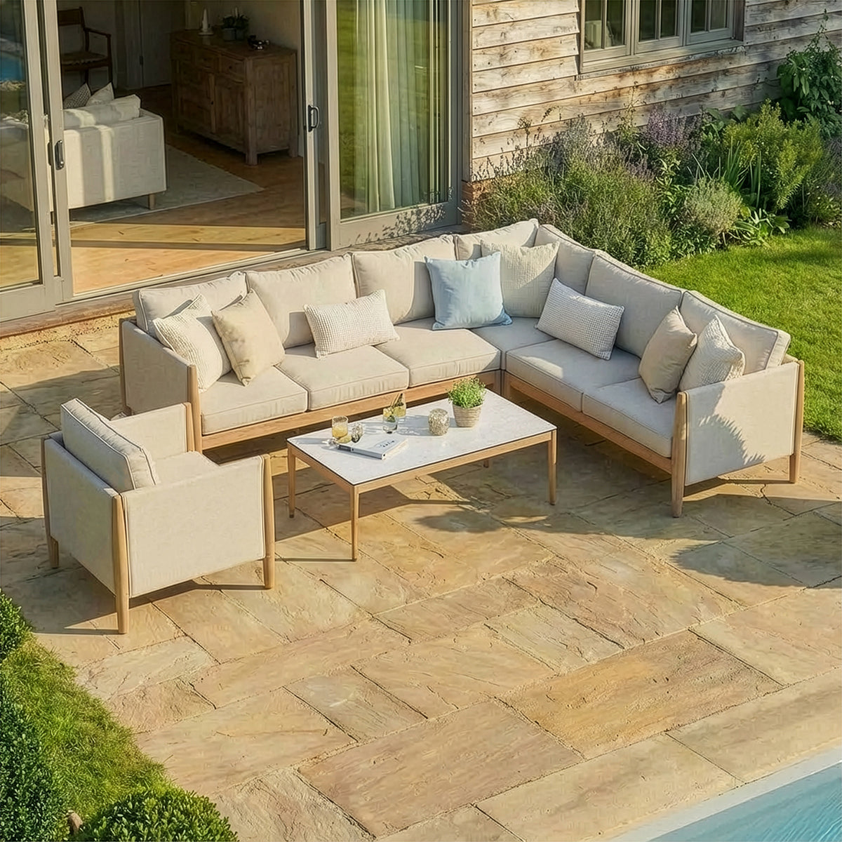 Burford Large Corner Sofa Set with Armchair & Seasonsure Cushions - Almond