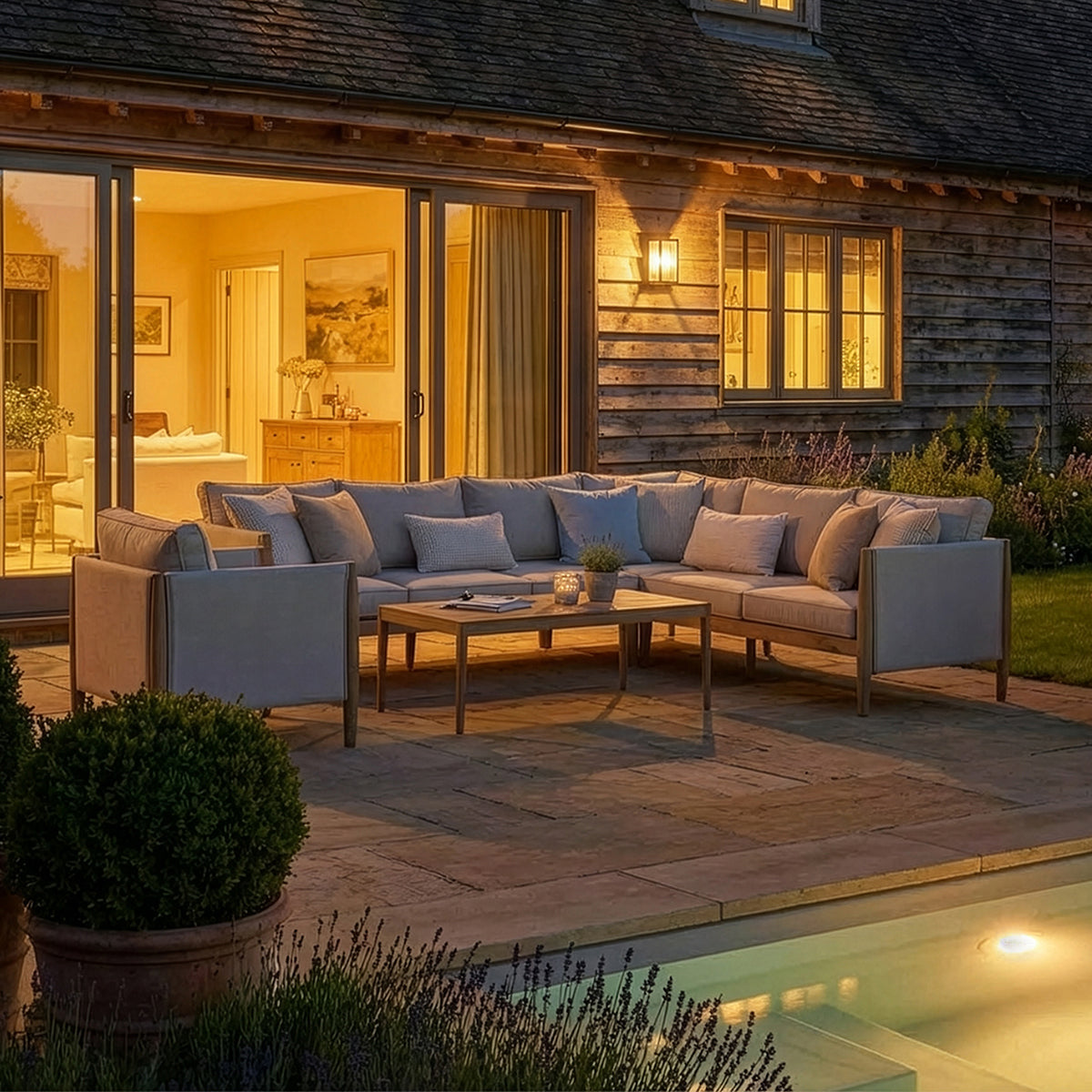Burford Large Corner Sofa Set with Armchair & Seasonsure Cushions - Almond