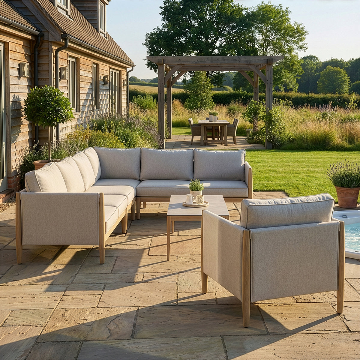 Burford Large Corner Sofa Set with Armchair & Seasonsure Cushions - Almond
