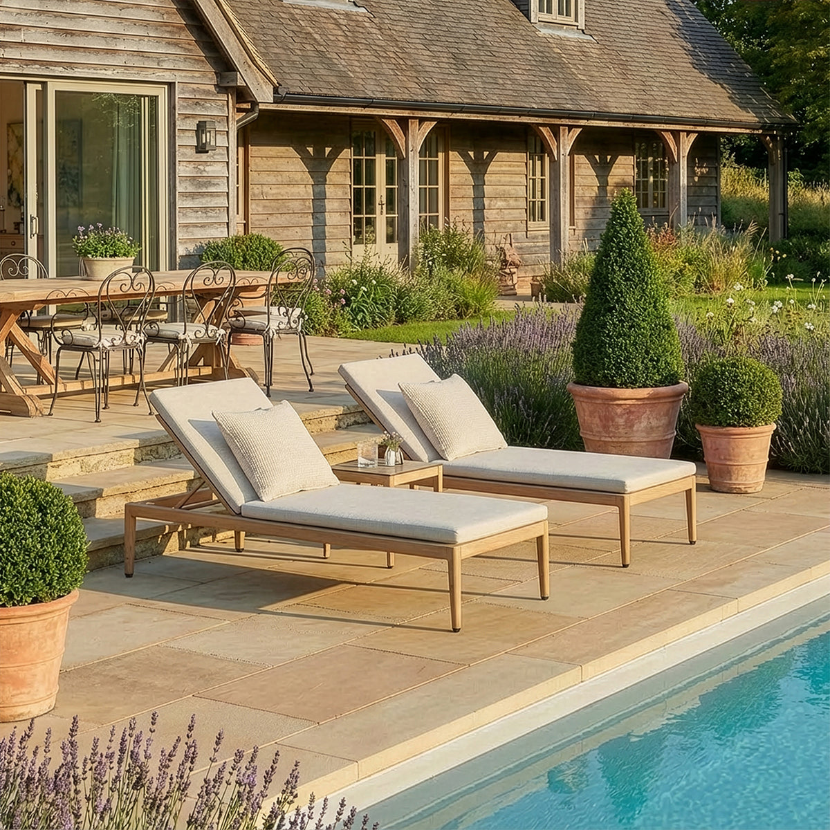 Burford Sunlounger Set with Side Table & Seasonsure Cushions- Almond