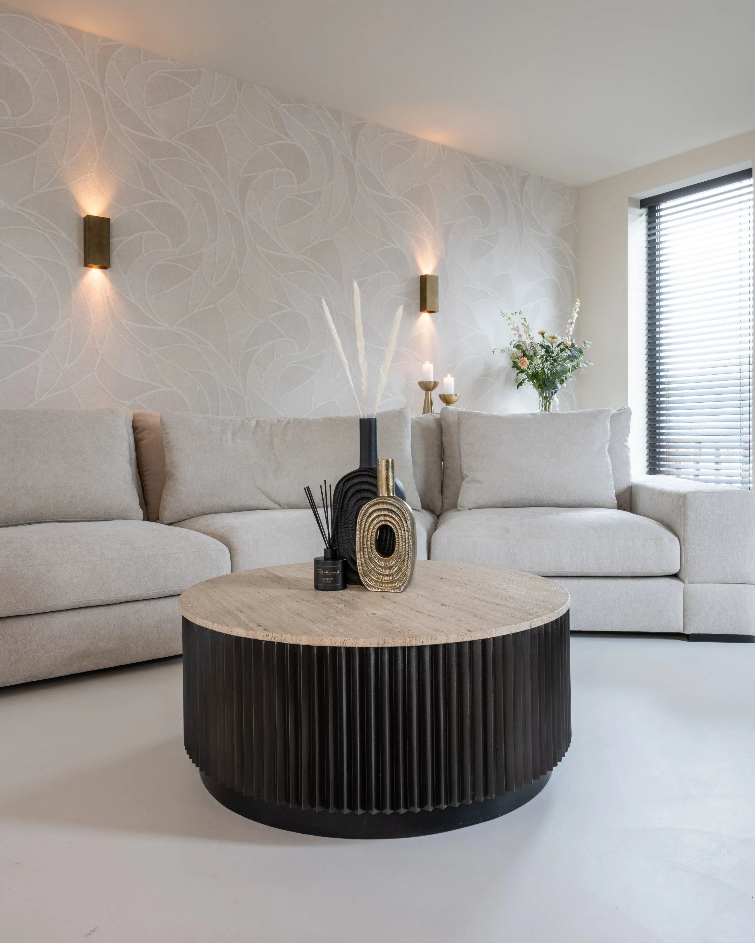 Richmond Interiors Hampton Black Wood & Beige Travertine Round Coffee Table