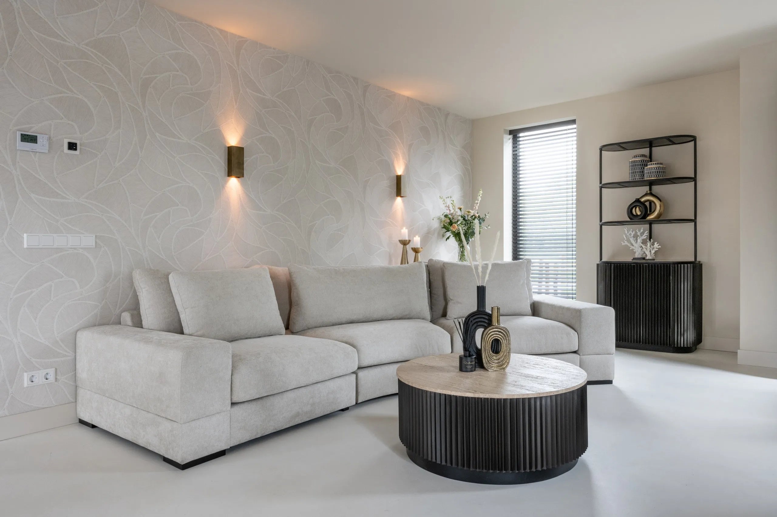 Richmond Interiors Hampton Black Wood & Beige Travertine Display Unit