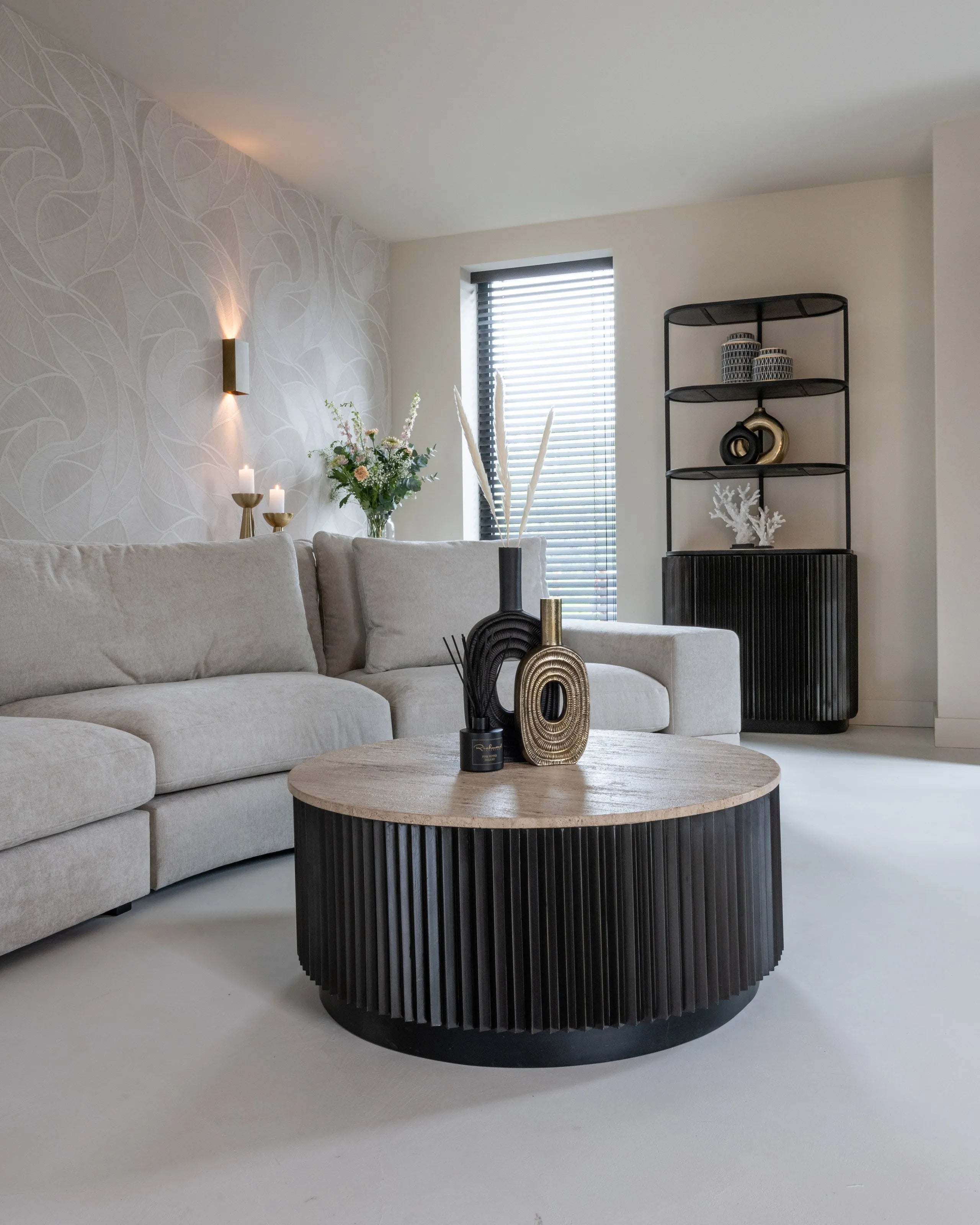 Richmond Interiors Hampton Black Wood & Beige Travertine Round Coffee Table