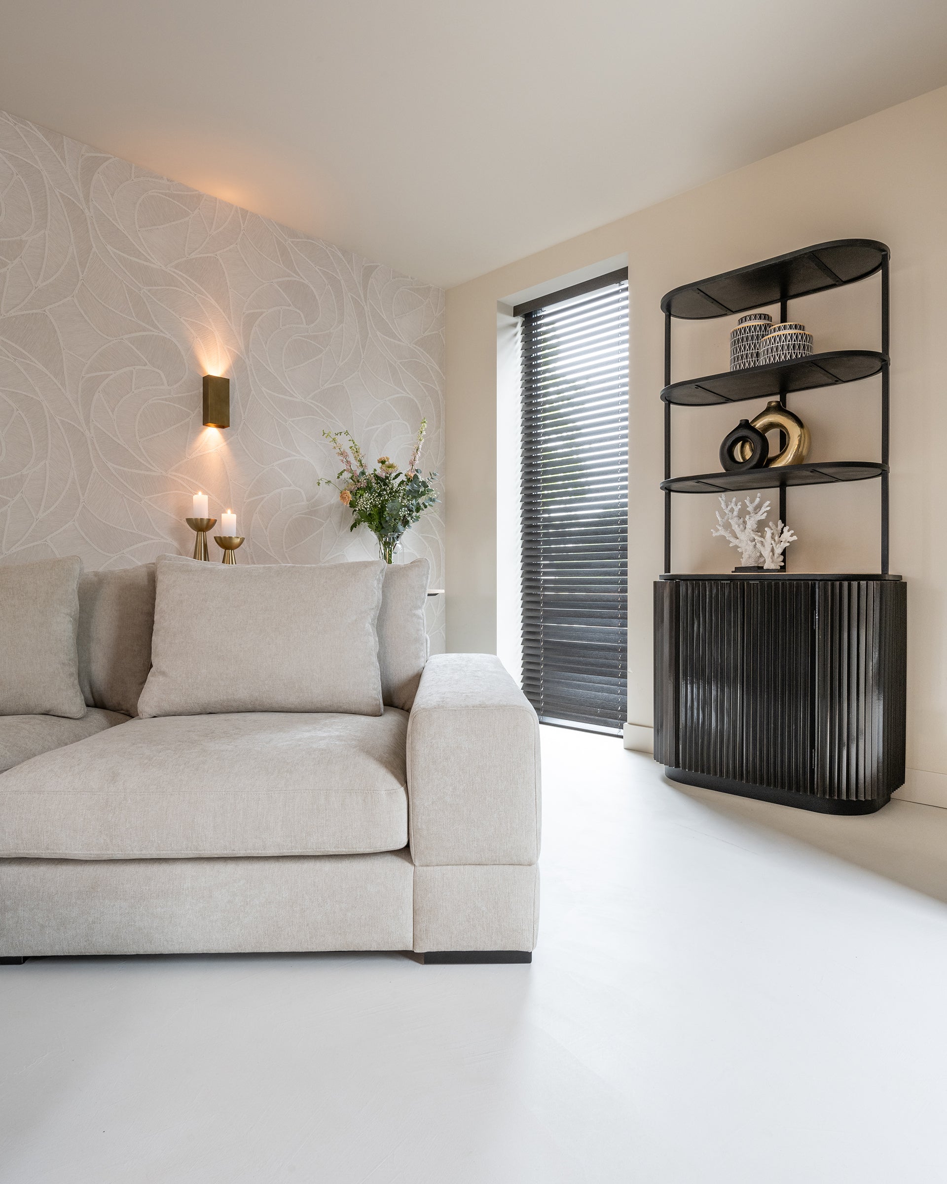 Richmond Interiors Hampton Black Wood & Beige Travertine Display Unit