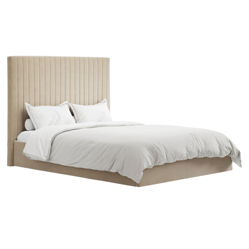 Berlin Beige Velvet Tall Ottoman King Size Bed