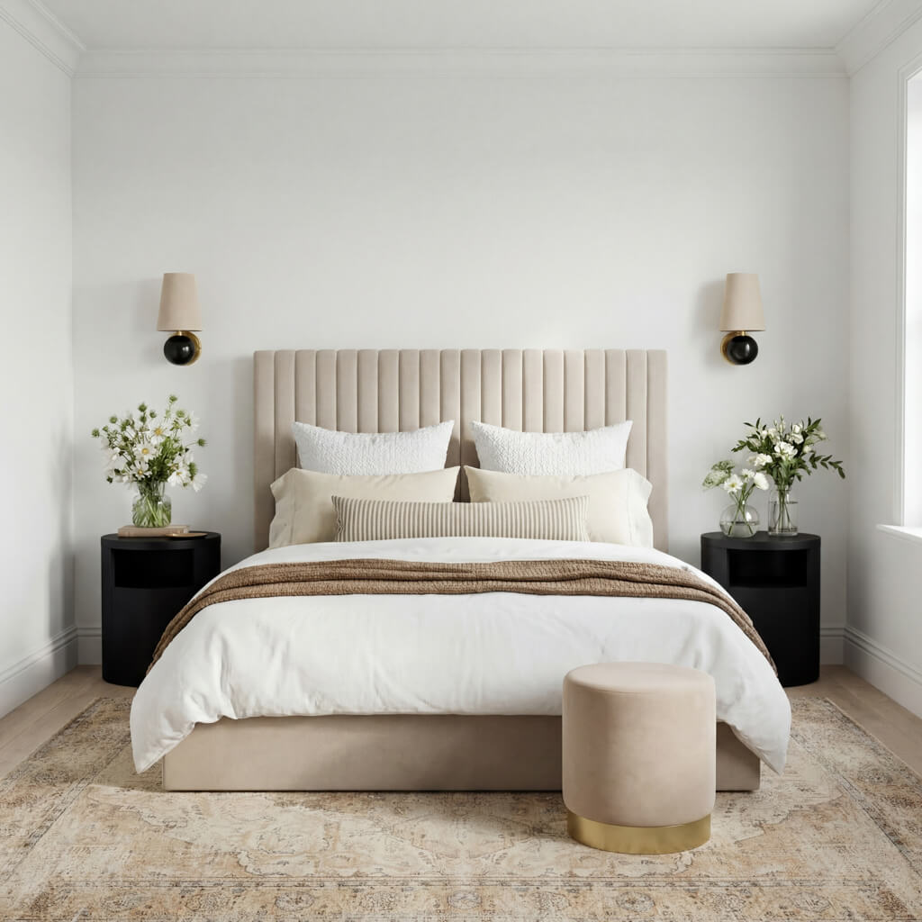 Berlin Beige Velvet Tall Ottoman King Size Bed