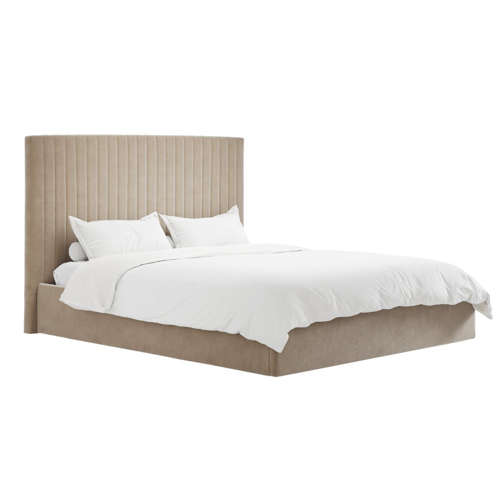 Berlin Beige Velvet Tall Ottoman Super King Size Bed