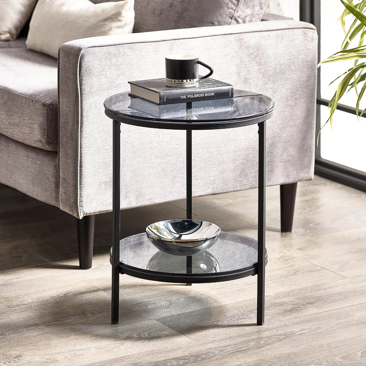 Mayfair Smoked Glass Round Side Table With Shelf
