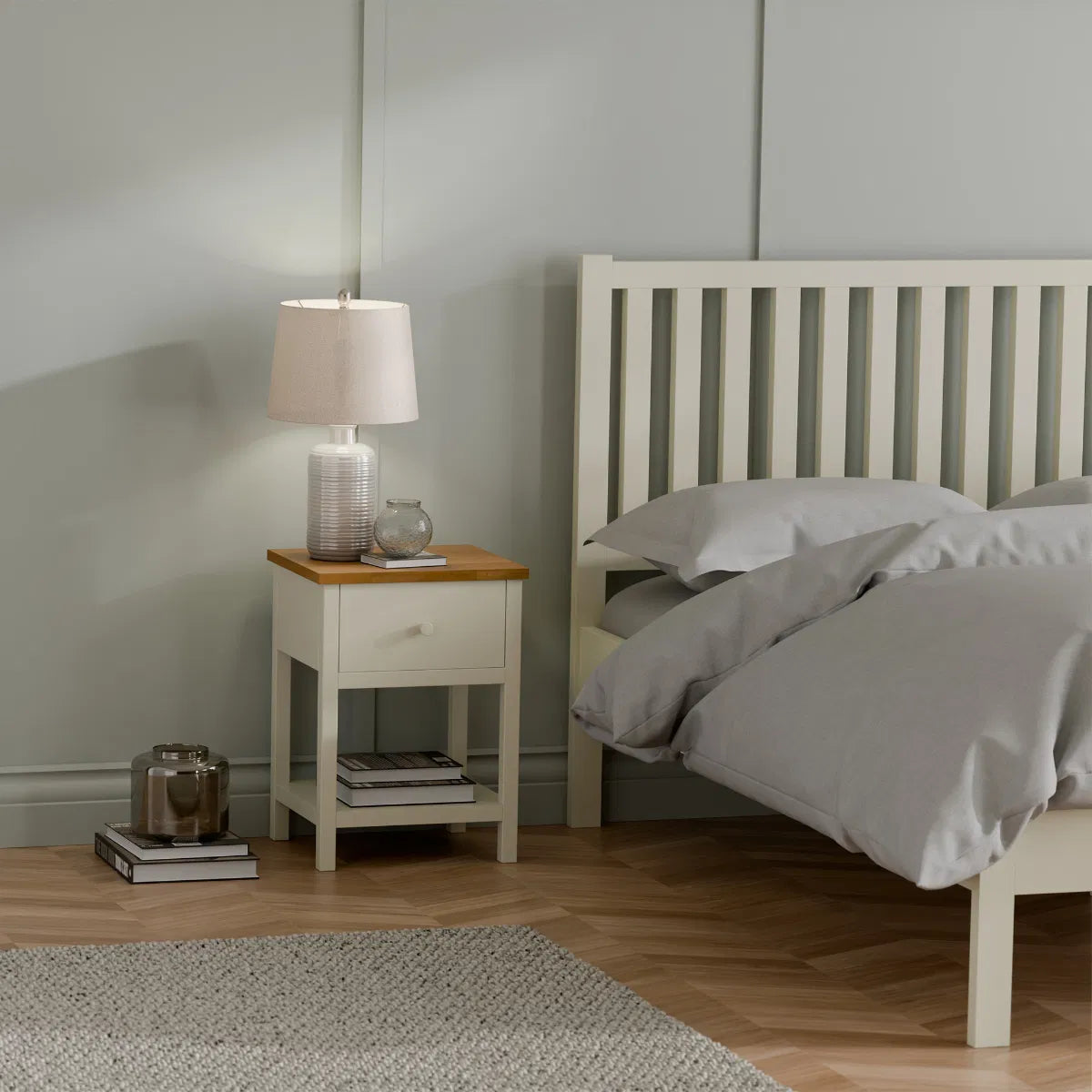 Osborne Solid Oak Wood Ivory Bedside Table | 1 Drawer