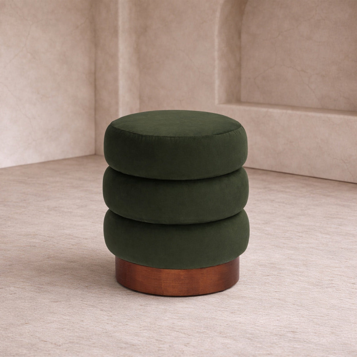 Trace Hopper Moss Velvet Mid Brown Oak Solid Wood Footstool