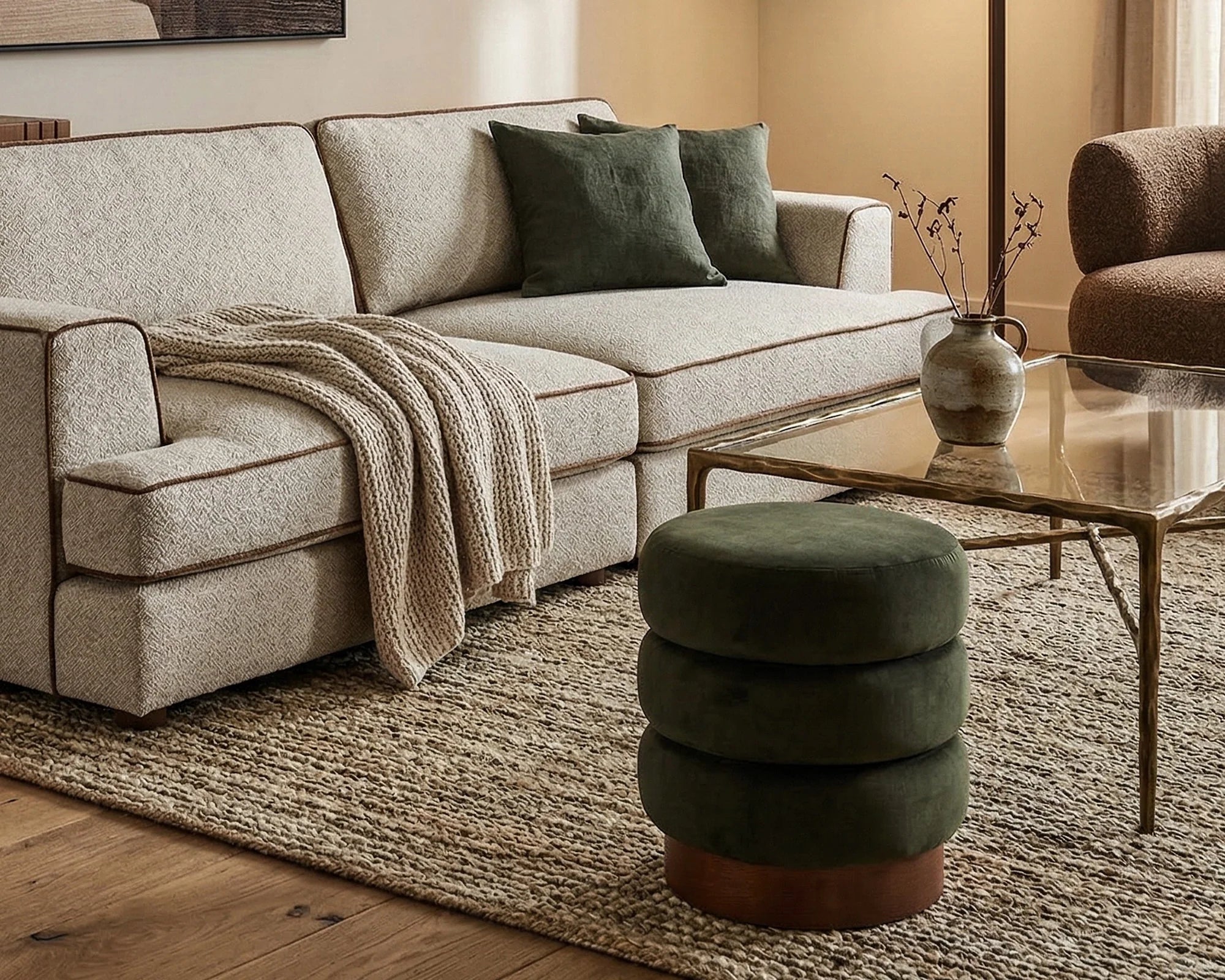 Trace Hopper Moss Velvet Mid Brown Oak Solid Wood Footstool