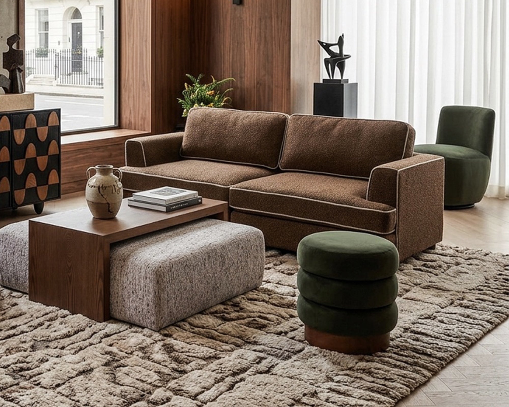 Trace Hopper Moss Velvet Mid Brown Oak Solid Wood Footstool