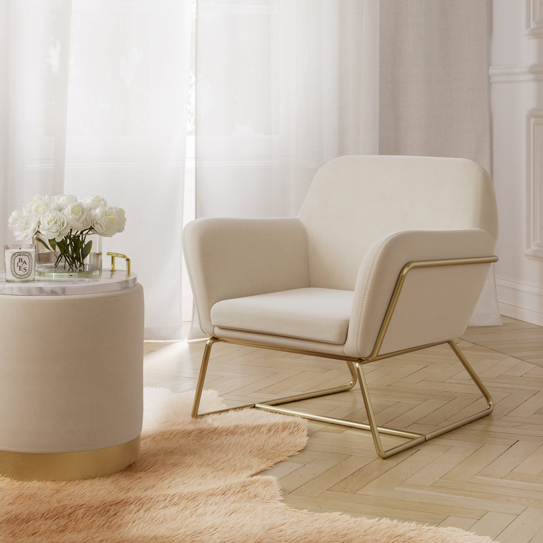 Lara Cream Velvet & Brushed Gold Pouffe | Small