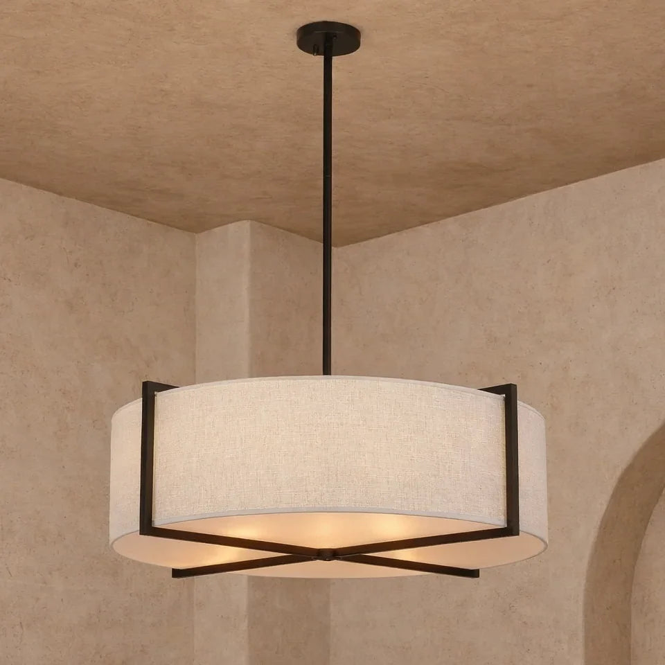 Sanderson Textured Linen & Matt Black Pendant Light Large