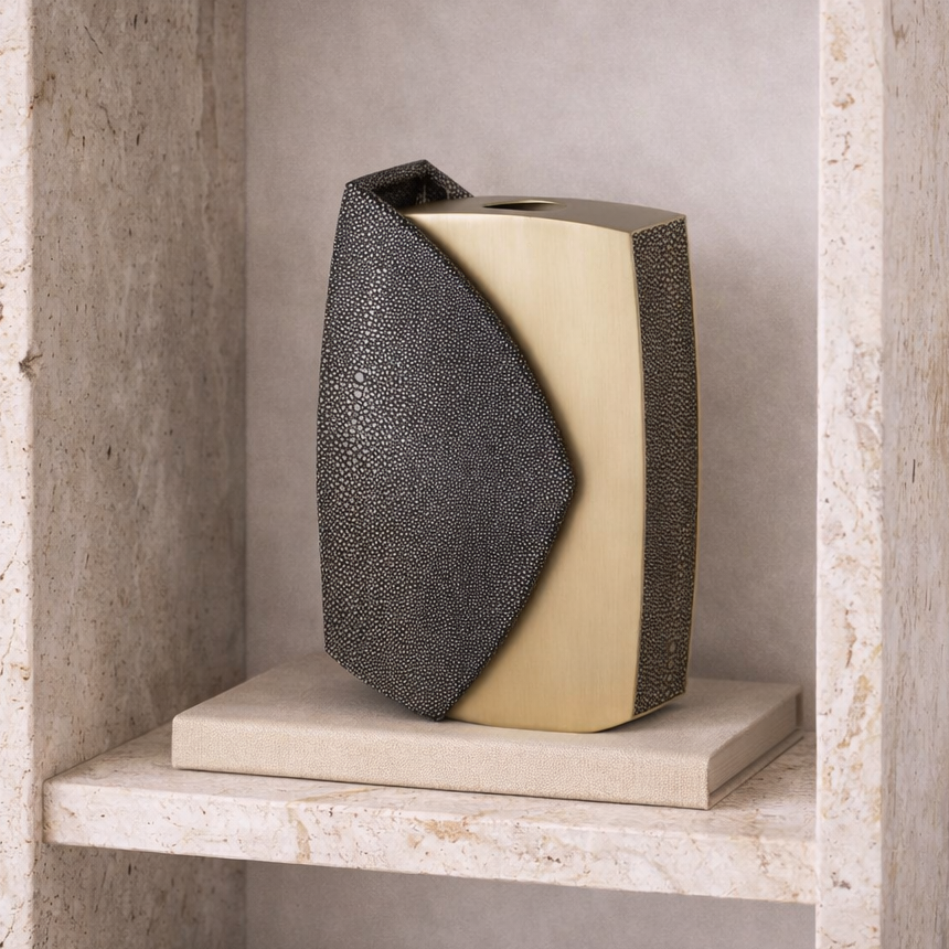Raymond Grey Faux Shagreen & Brushed Brass Vase