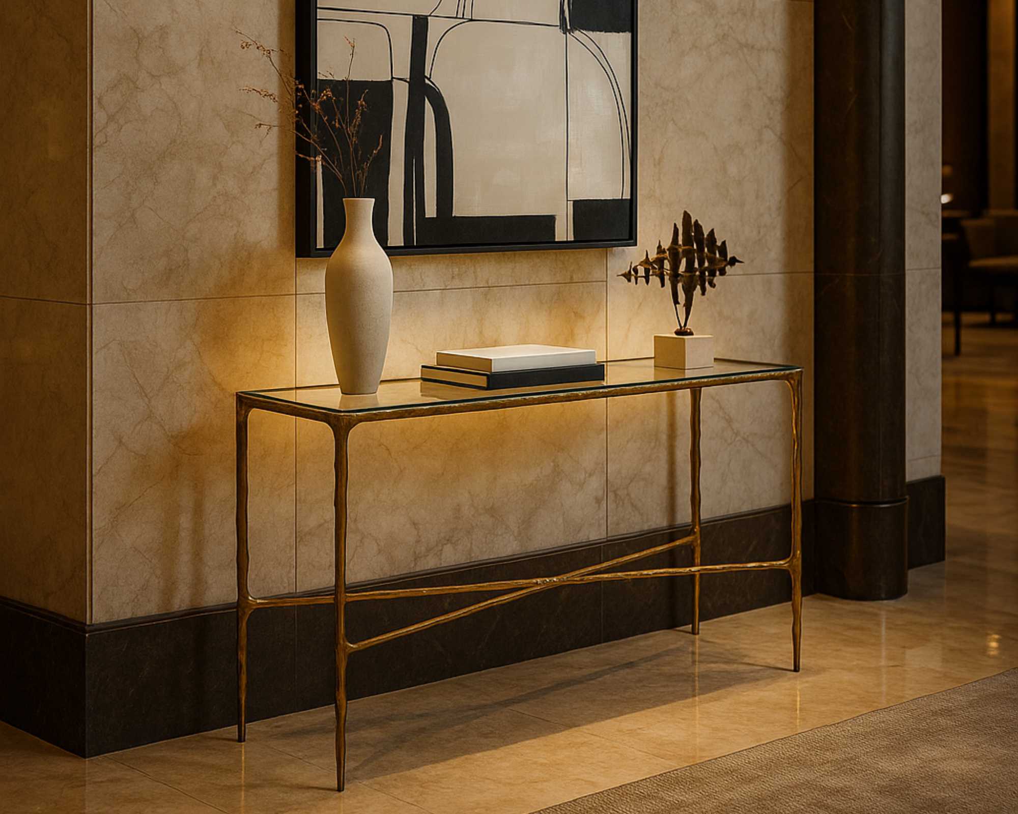 Cobra Console Table - Textured Antique Brass & Clear Glass