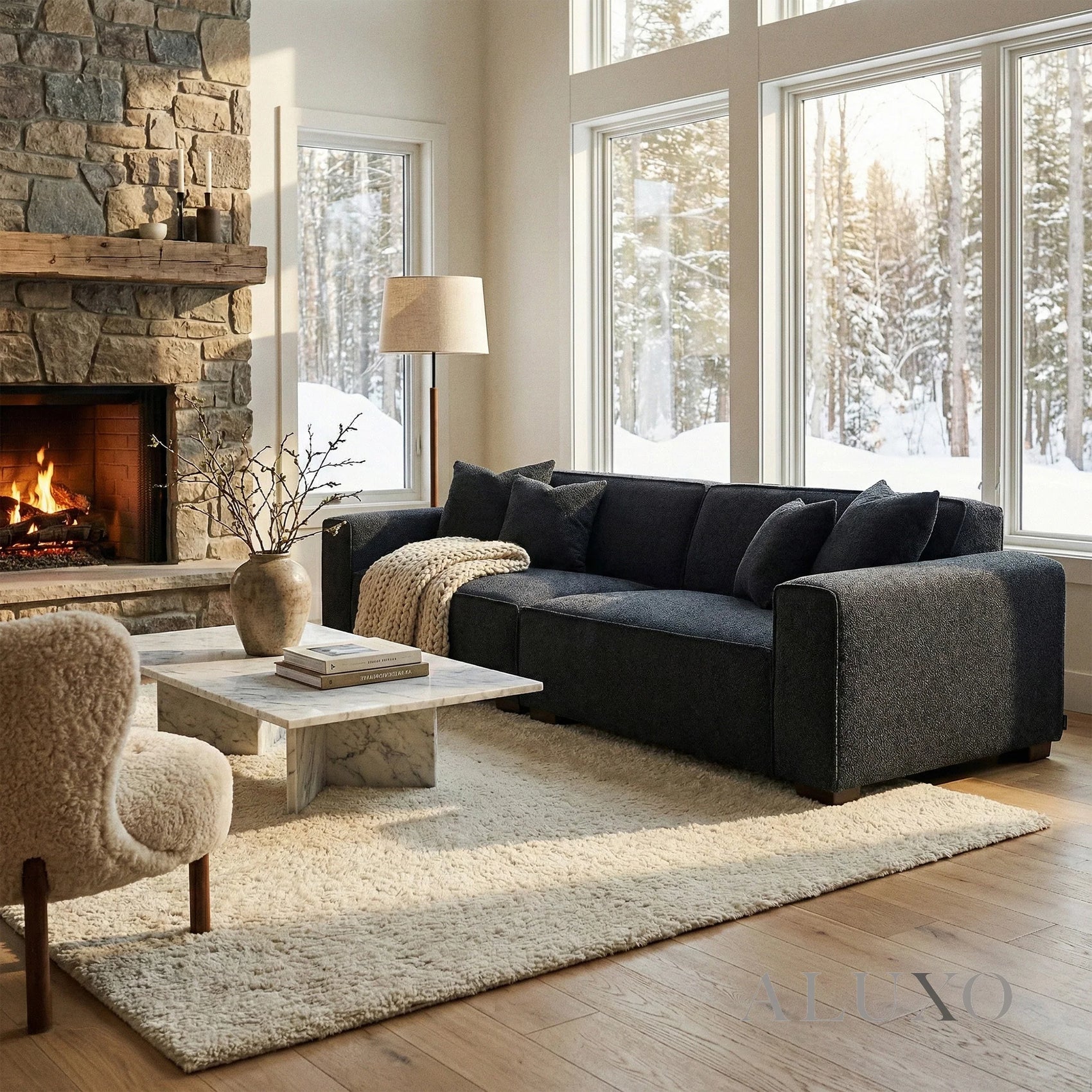 Aluxo Crawford Midnight Black Boucle Sofa | 4 Seater