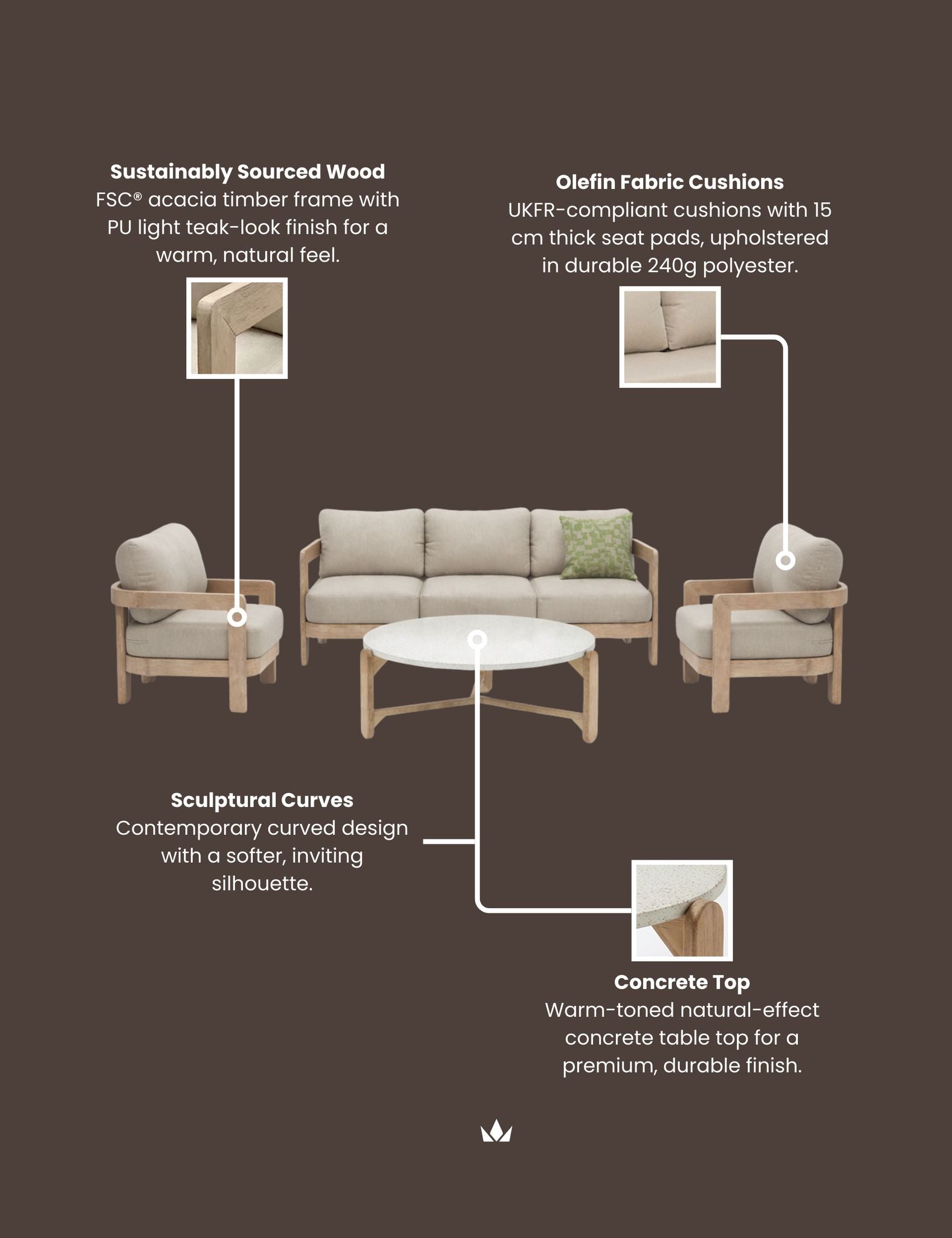 Portello 5 Seater Wood Lounging Set with Coffee Table