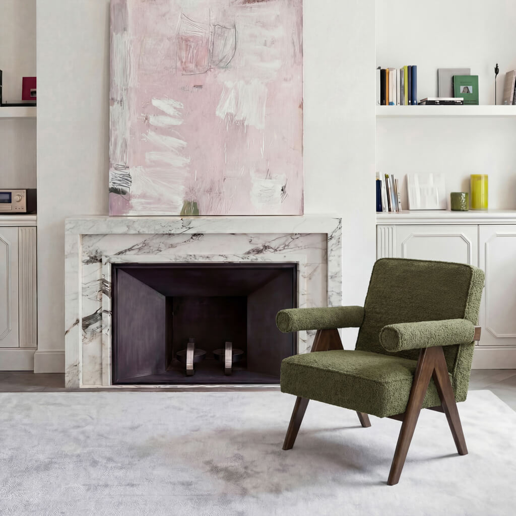 Ember Leaf Green Herringbone Chenille & Wood Armchair