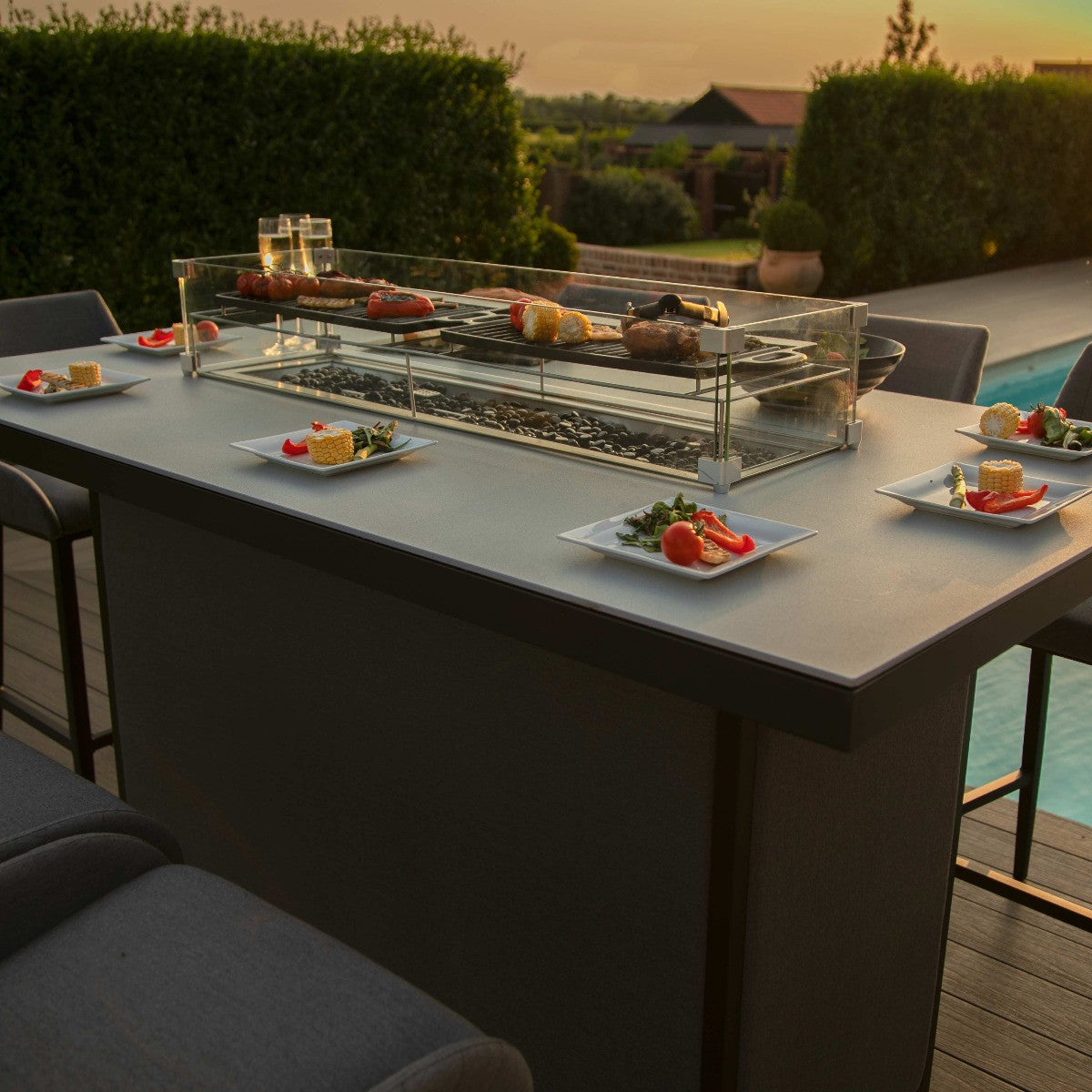 Maze Regal Flanelle Grey Round Outdoor Bar Set Fire Pit Table| 8 Seater