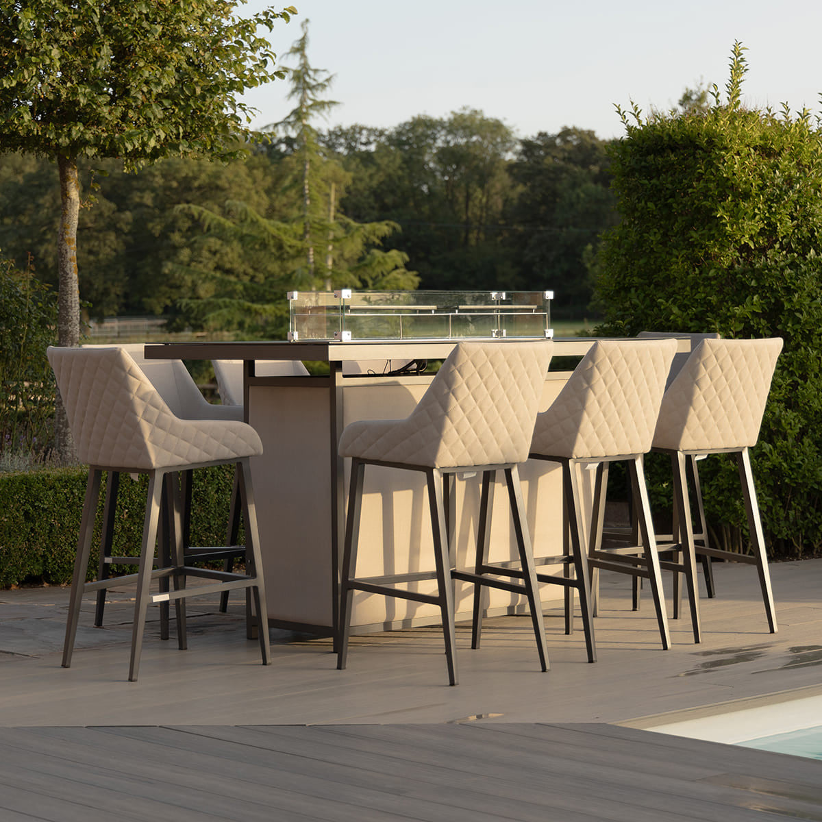 Regal Oatmeal Beige Round Outdoor Bar Set Fire Pit Table| 8 Seater