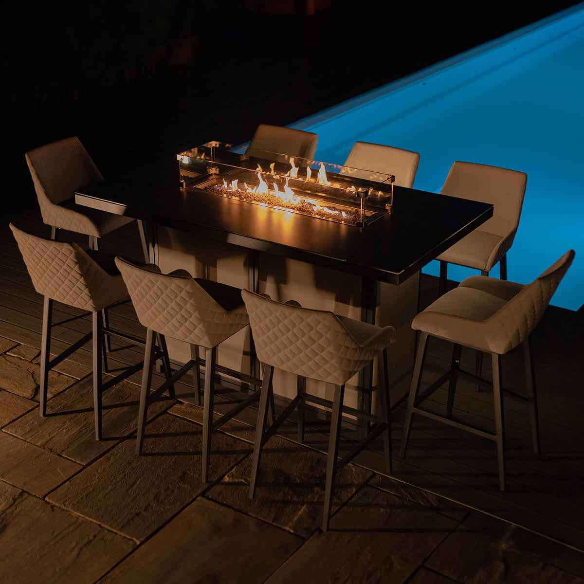 Maze Regal Oatmeal Beige Round Outdoor Bar Set Fire Pit Table| 8 Seater