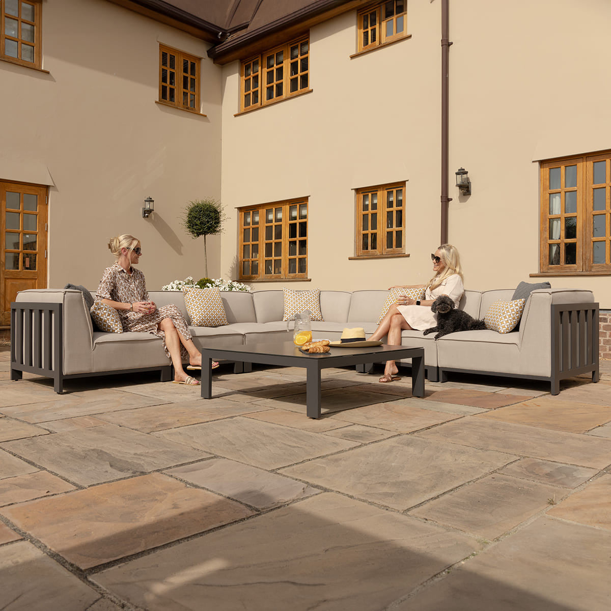 Ibiza Oatmeal Beige Outdoor Corner Sofa Set with Square Coffee Table | 6-8 Seater