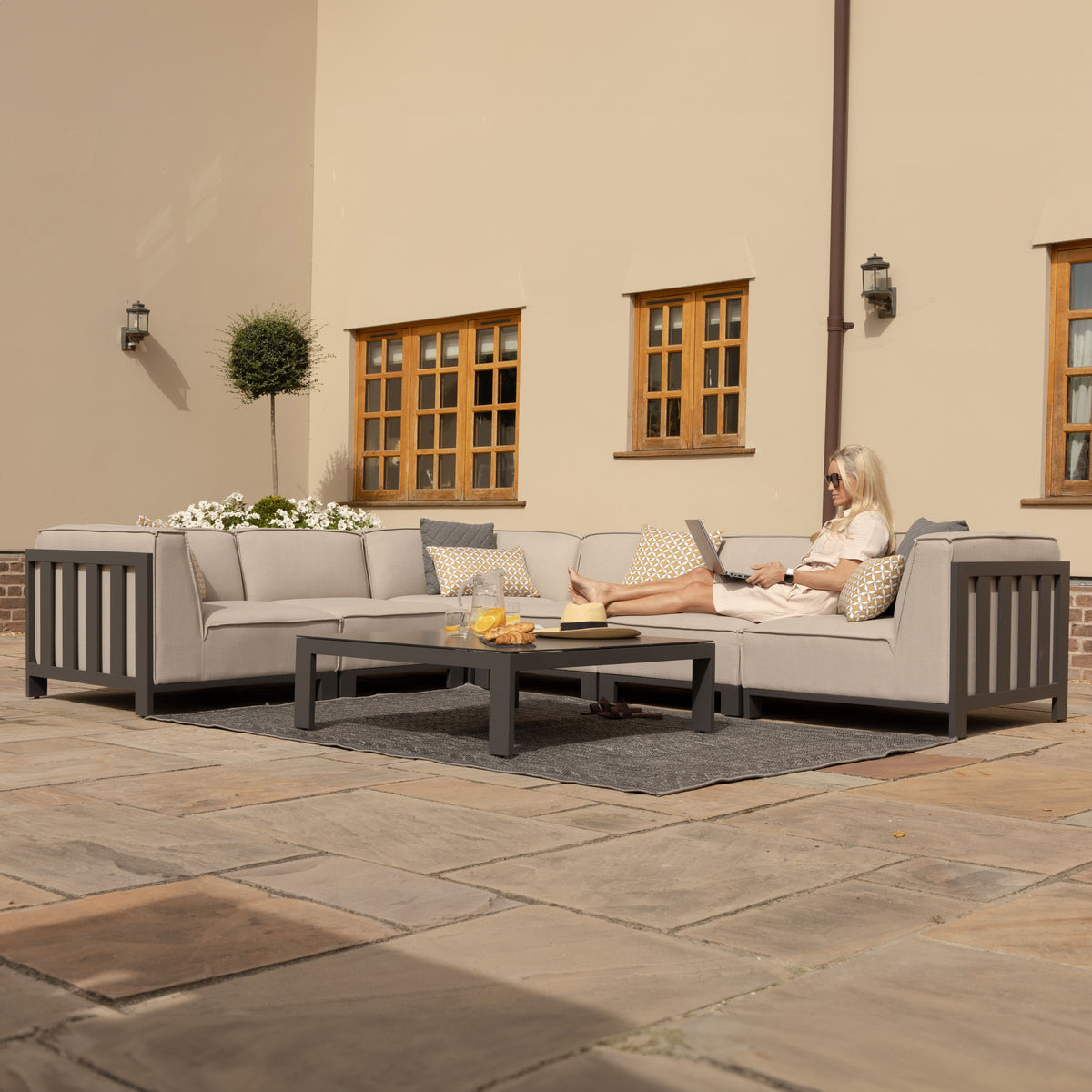 Ibiza Oatmeal Beige Outdoor Corner Sofa Set with Square Coffee Table | 6 Seater