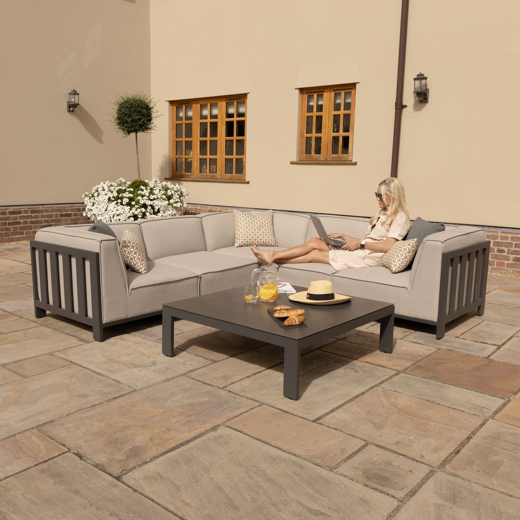 Ibiza Oatmeal Beige Outdoor Corner Sofa Set with Square Coffee Table | 5 Seater