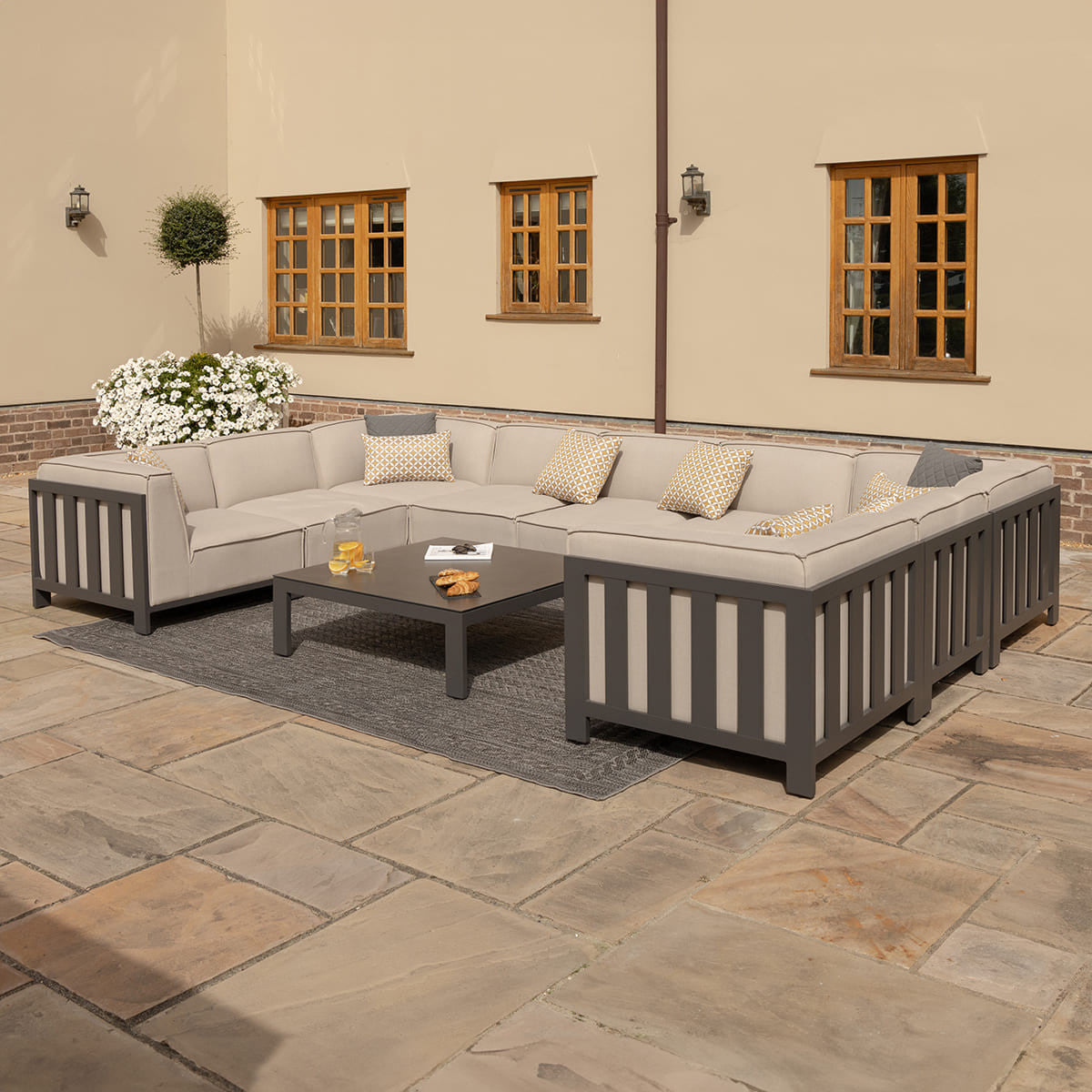 Ibiza Oatmeal Beige U Shape Outdoor Sofa Set with Square Coffee Table | 8-10 Seater