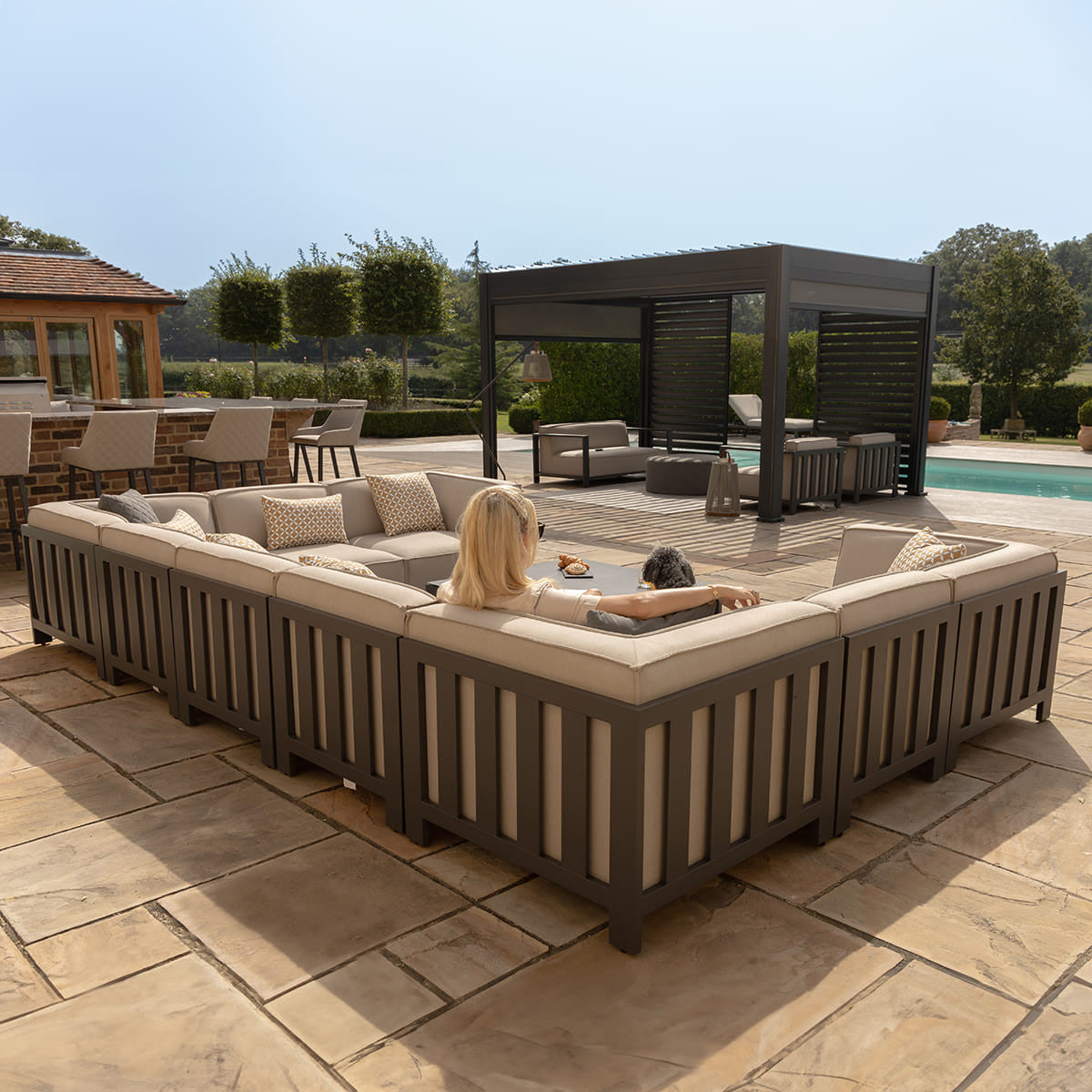 Maze Ibiza Oatmeal Beige U Shape Outdoor Sofa Set With Square Coffee Table | 8-10 Seater