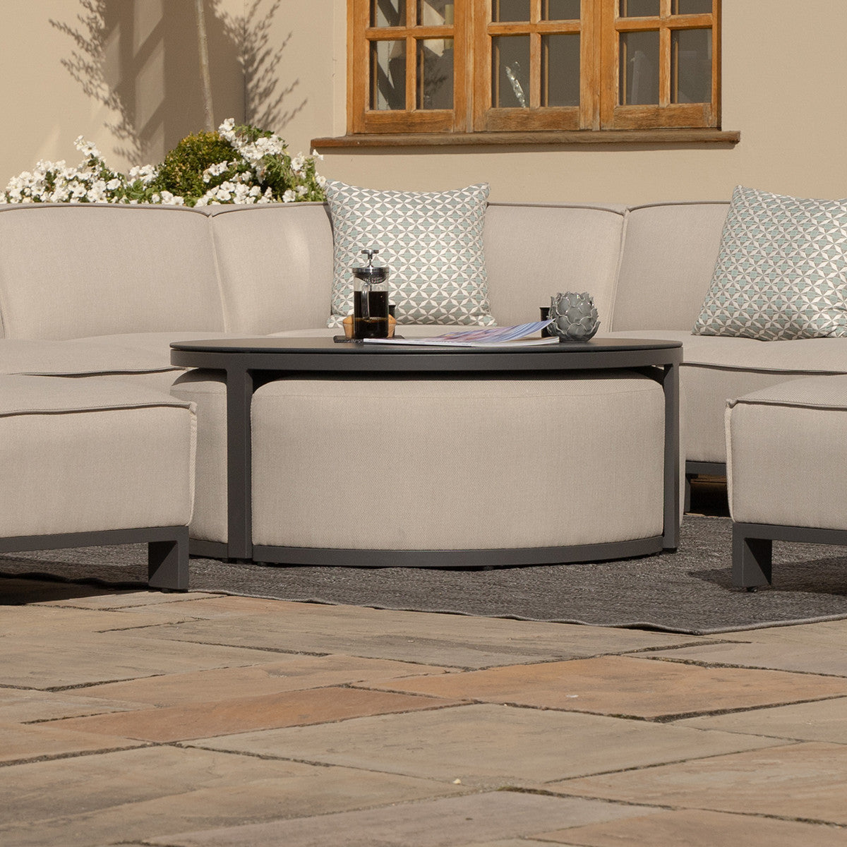 Oatmeal Beige Round Coffee Table with x3 Footstools