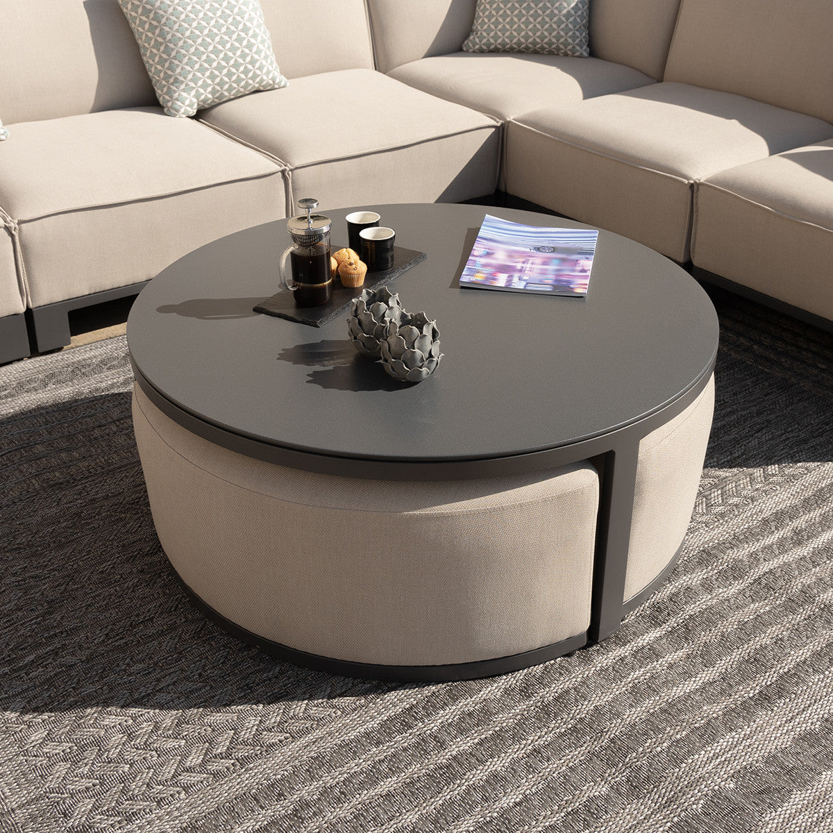 Oatmeal Beige Round Coffee Table with x3 Footstools