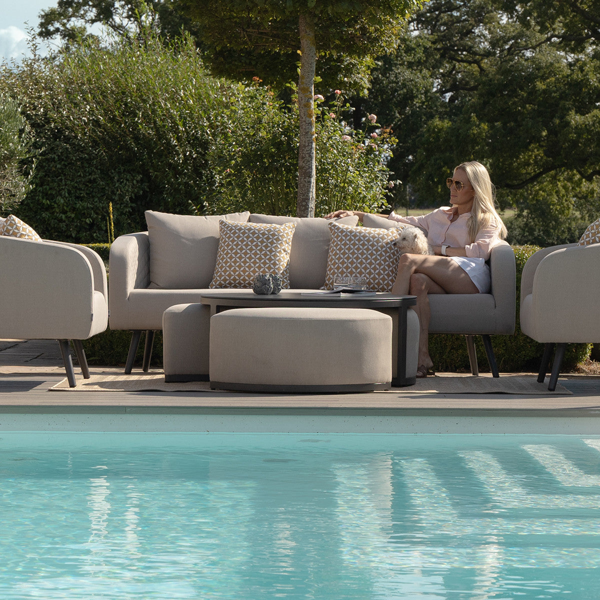 Oatmeal Beige Round Coffee Table with x3 Footstools