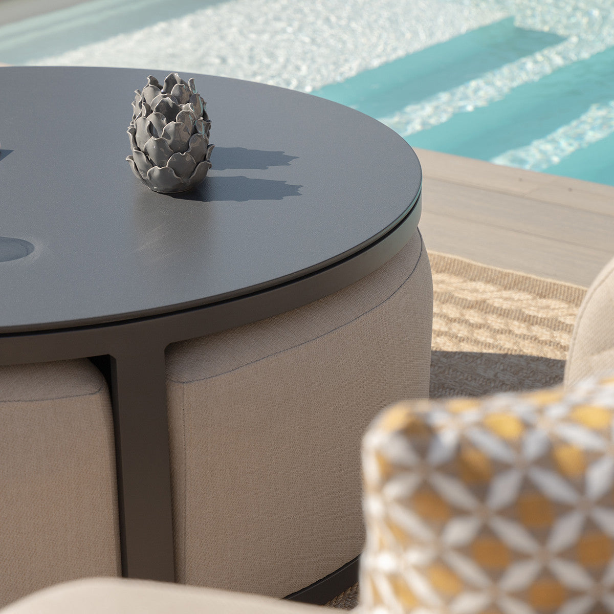 Oatmeal Beige Round Coffee Table with x3 Footstools