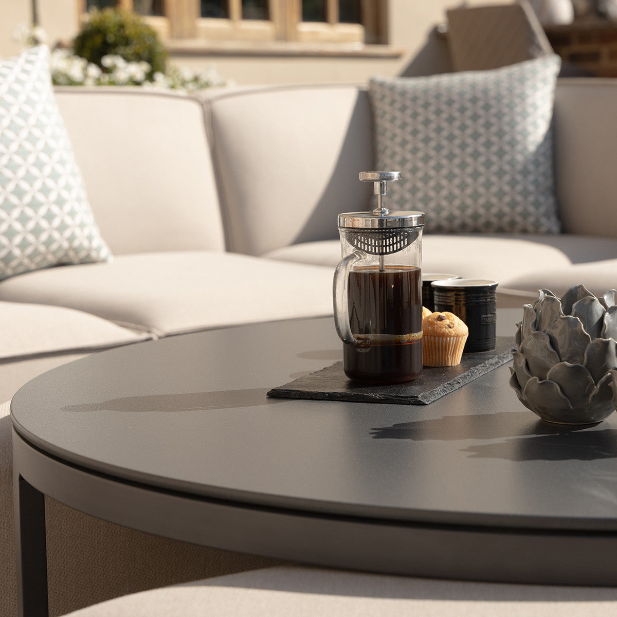 Oatmeal Beige Round Coffee Table with x3 Footstools